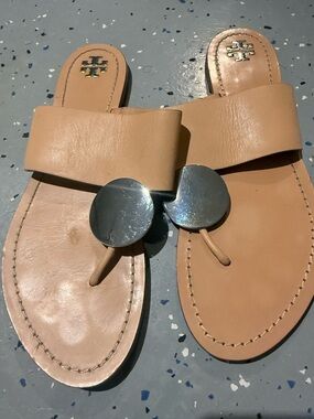 Tory Burch Tan Leather Slide Sandals with Silver Discs